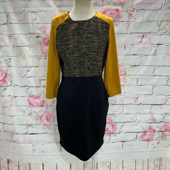 Trulli Anthropologie Women's Color Block Tweed Black/Mustard Sheath Dress Size 8 - Picture 3 of 12